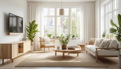 Fototapeta premium Living room with light wood furniture and natural lighting