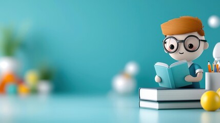 Cute Cartoon Nerdy Boy Character Studying and Reading Books on Desk with Glasses and School Supplies  Educational or Icon in Flat Design Style