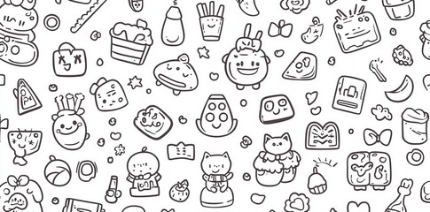 A set of abstract, hand-drawn geometric patterns that are simple and minimalistic, creating seamless designs. Includes polka dots, stripes, waves, and random symbols. This design ensemble is modern