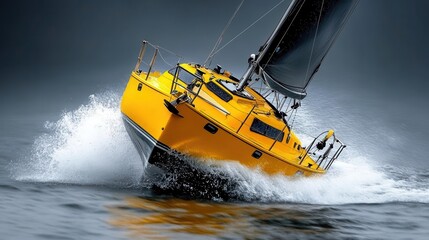 Naklejka premium Sailing adventure on a yellow boat ocean waves action shot dynamic environment dramatic viewpoint exciting concept