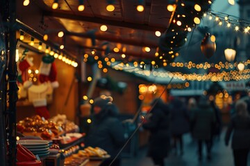 People strolling by festive stalls and shops during the holiday season