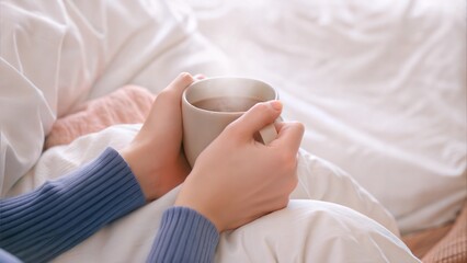 Cozy indoor moment with hands holding a warm mug, steam rising, wearing a blue sweater theme of Blue Monday