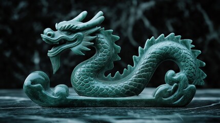 Obraz premium Elegant green wooden dragon sculpture on black marble surface for artistic decor