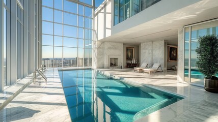 Obraz premium A luxurious indoor pool surrounded by glass walls, offering a stunning view and elegant marble finishes, creating a serene and modern atmosphere.
