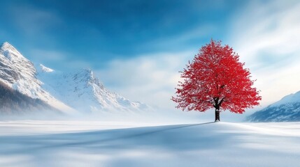 Solitary vibrant red tree standing tall and proud amidst a serene and pristine snow covered winter landscape