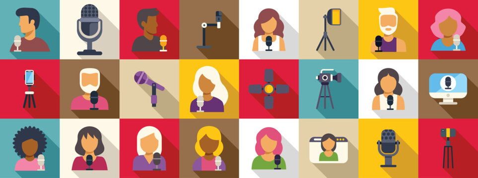 Blogger interview icons set. Podcasters and bloggers are recording audio content using microphones, smartphones, and other equipment, creating engaging podcasts and online broadcasts