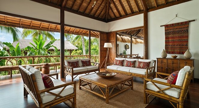 Filipino traditional interiors with bamboo furniture capiz shell accents and woven textiles