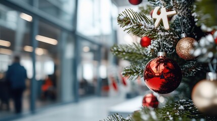 A vibrant red Christmas ornament dangling from a verdant branch, against a backdrop of a modern, glass-walled office adorned for the holidays.
