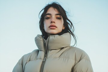 Woman in puffy jacket against clear sky