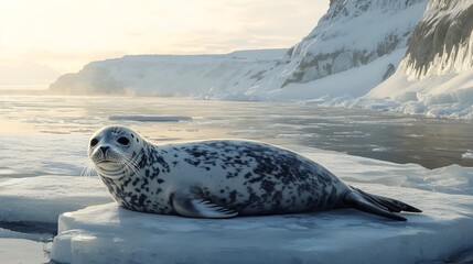 seal in polar regions resting on ice rocks icebergs background, artic Antarctica wildlife scene