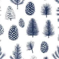 A seamless, hand-drawn pattern incorporating fir, pine, and cedar branches and cones. The artwork features a detailed, lifelike background of an evergreen conifer plant, set against a monochrome