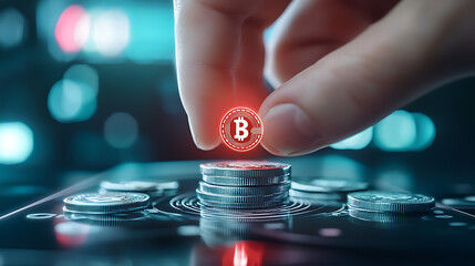 Virtual currency exchange event digital workspace holographic presentation futuristic setting close-up view cryptocurrency concept