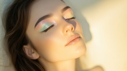 Naklejka premium Close-up of woman with colorful eyeshadow and radiant skin