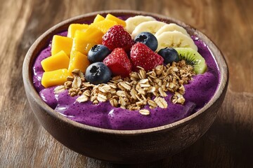 Colorful foods, a vibrant bowl of açai smoothie, a healthy breakfast full of fruit and granola on wooden table.