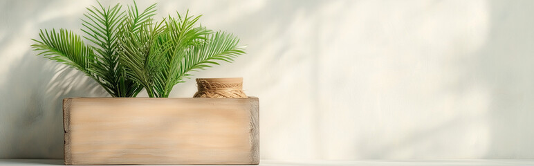 Obraz premium Panoramic banner with wooden planter box with tropical green palm leaves, styled with natural jute details, against a bright background with soft shadows.