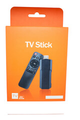 TV stick product box without logo without brand ready to use in marketing selective focus, copy space