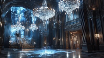 A stunning, ornate hall featuring crystal chandeliers and shimmering blue light, creating an enchanting and luxurious atmosphere.