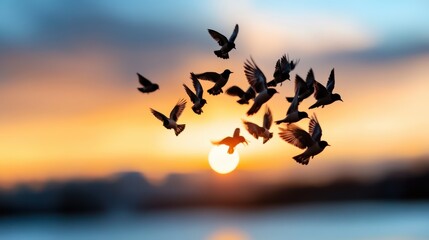 Obraz premium A flock of birds soars gracefully across a colorful sunset sky, creating a harmonious and peaceful scene filled with vibrant orange and blue hues.