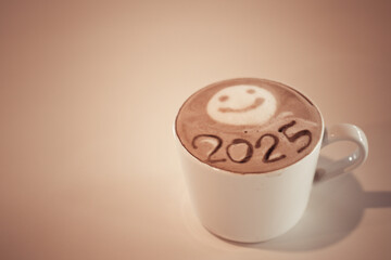 hot coffee with foam milk art 2025 on wooden table 