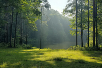 Obraz premium beautiful forest landscape with morning sunlight penetrating through the treetops. 