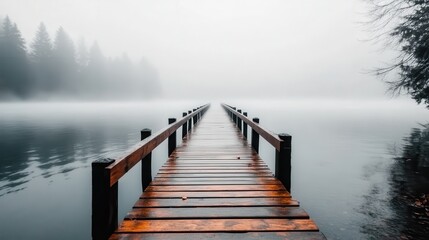 Fototapeta premium A wooden pier stretches into foggy, calm waters with trees and mist in the background, evoking a sense of mystery and tranquility on a quiet day.