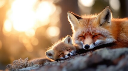 A serene image capturing a mother fox and her kit peacefully sleeping together, basking in the warm, golden glow of the sunlight filtering through the forest trees.