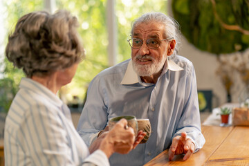 close up home happy old age an elderly couple pleasant memories leisure in old age a couple sitting at the table drinking tea discussing the news caring in old age pouring tea into cups