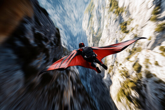 A wingsuit flyer soaring through a narrow mountain pass, the ground below rushing past at dizzying speeds, adrenaline coursing through the air.