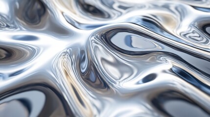 A close-up view of shimmering metallic waves showcases intricate patterns and reflections, suitable for backgrounds, abstract art projects, or design elements in digital media,