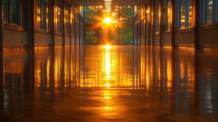 A sunlit corridor reflecting warm light on a polished floor, creating a serene atmosphere.