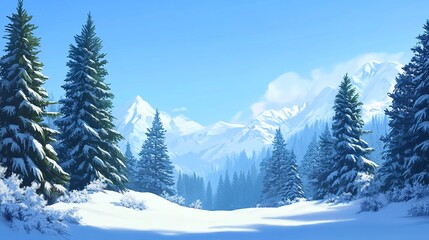 Fototapeta premium Winter Wonderland: Majestic snow-covered mountains rise in the background, framed by tall evergreen trees dusted with snow, creating a serene and picturesque winter landscape.
