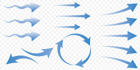 Set of blue arrow showing wind air flow isolated on white background, air direction signs - stock vector. Wind flow arrow direction. Air conditioner air flow direction set transparent background.