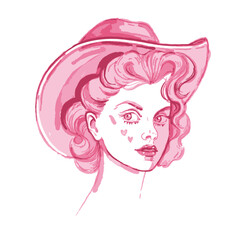 Vintage cowgirl portrait, vector watercolor comic Texas woman, beautiful curly hair, cowboy hat. Pink coquettish country female character, 50s lady fashion poster. American pretty cowgirl portrait