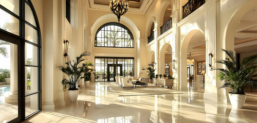 Fototapeta premium Sophisticated lobby with lofty ceilings and decor, creating a grand ambiance.