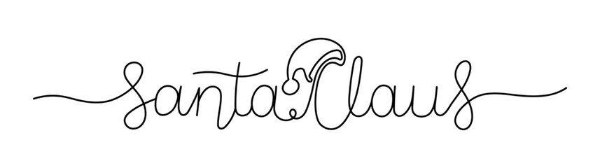 Santa Claus text with a hat in one continuous line. Hand drawn playful outline script captures a festive holiday spirit, perfect for seasonal themes and decorations. Winter phrase with editable stroke