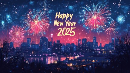 A vibrant city skyline illuminated by colorful fireworks, celebrating the New Year 2025.