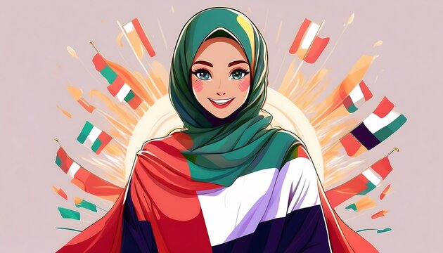 Arab middle eastern woman in hijab celebrating UAE National day, National Day of United Arab Emirates. National Day Concept Design, flag of united Arab emirates 