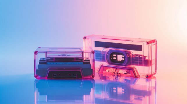 A pair of transparent cassette tapes, illuminated with soft neon lights, rest on a glowing surface, blending retro and futuristic elements. The vibrant lighting and sleek design evoke a sense of