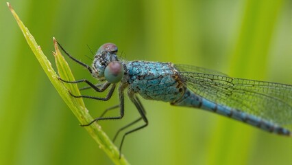 Naklejka premium Iridescent blue damselfly on grass blade intricate details in eyes and wings