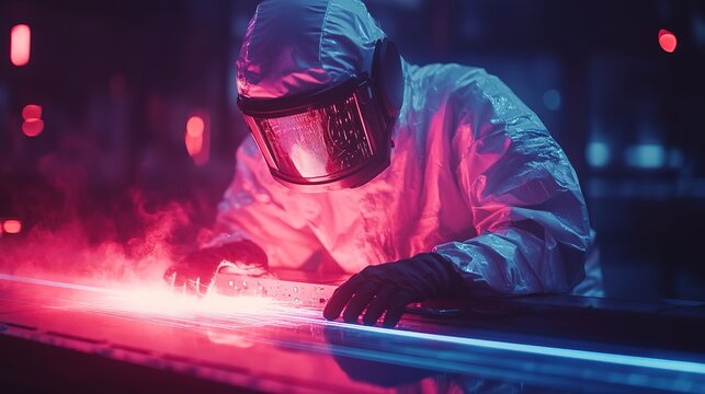 Factory worker in protecvtive cutting material with laser
