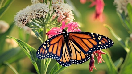 Naklejka premium Vibrant Monarch Butterfly Resting Gracefully on a Milkweed Flower