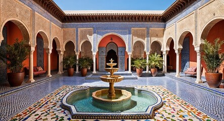 Moroccan riad inspired designs with courtyards fountains and colorful mosaics