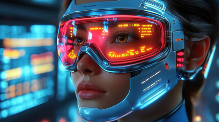 Futuristic athlete in advanced goggles interacts with augmented reality screens in a high-tech training facility. Generative AI