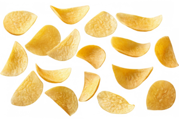 Golden brown potato chips scattered on transparent background, freshly baked, with smooth shiny texture, overlapping and arranged elegantly.