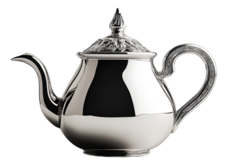 Elegant silver teapot with ornate details and curved handle