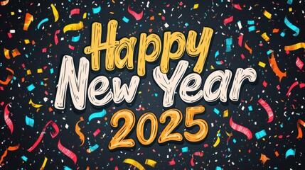 A vibrant New Year celebration image featuring colorful confetti and the text "Happy New Year 2025" on a dark background.