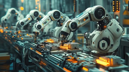 Factory production line with robotic arms assembling products