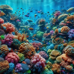 Naklejka na ściany i meble A colorful underwater scene with a diverse array of coral and ma