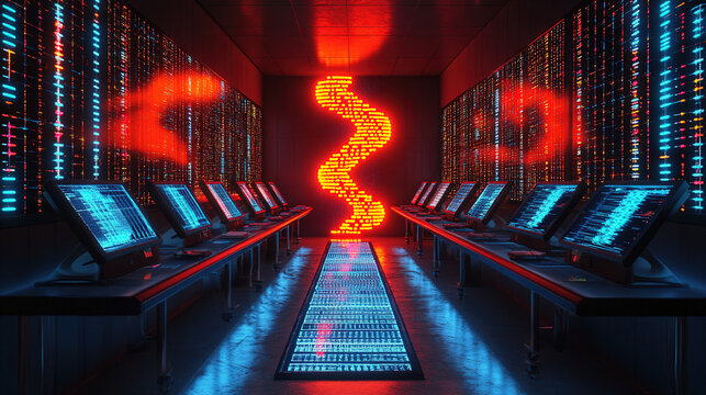 Vibrant data center with glowing servers and monitors showcasing advanced technology at night. Generative AI