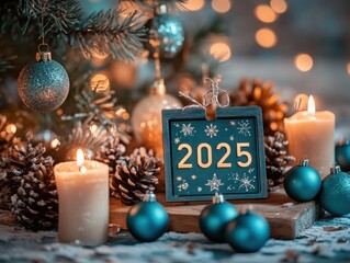 A festive arrangement featuring a "2025" sign, candles, ornaments, and pinecones, creating a cozy holiday atmosphere with warm lights.